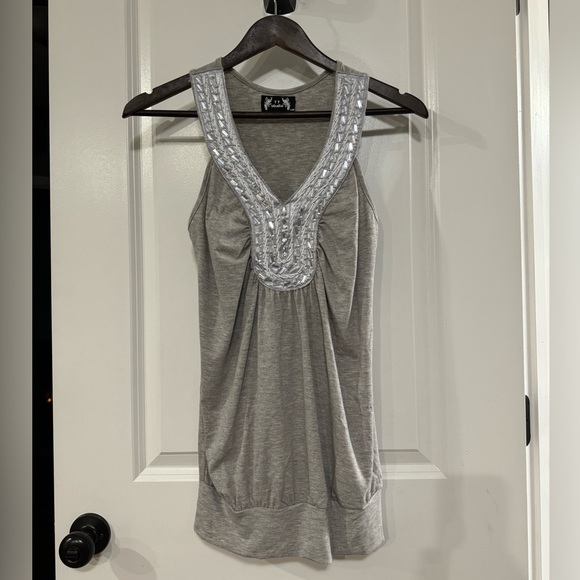 Grey jeweled neck line tank. Size small - Picture 1 of 6